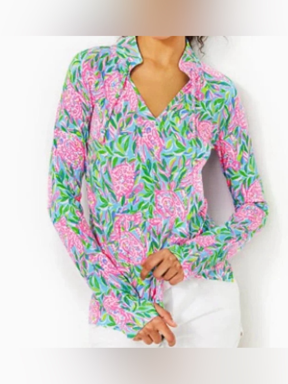 NWOT $128 Lilly Pulitzer Cassi Popover Frenchie Blue Turtley In Love UPF 50+ L